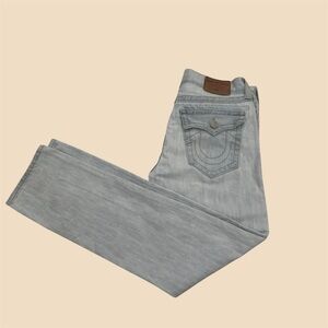 True Religion Jeans Mens 32 Blue Denim Geno Light Wash Faded Whiskering ^